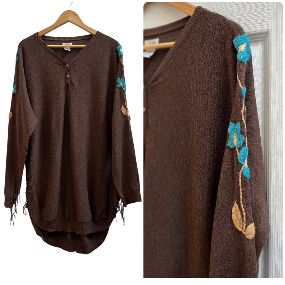 Tasha Polizzi Brown Knit Embroidered Midnight Colorado Pullover Tunic Large Boho